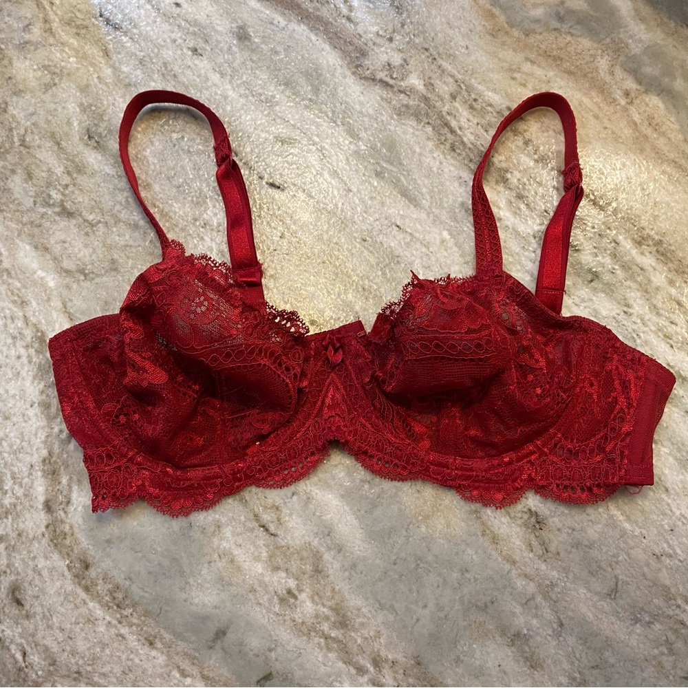Le Mystere lace Isabella bra & panty set red 32D and small panty - Picture 3 of 6
